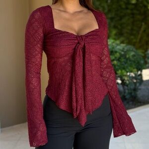 Chic Maroon Lace Blouse with Front Tie